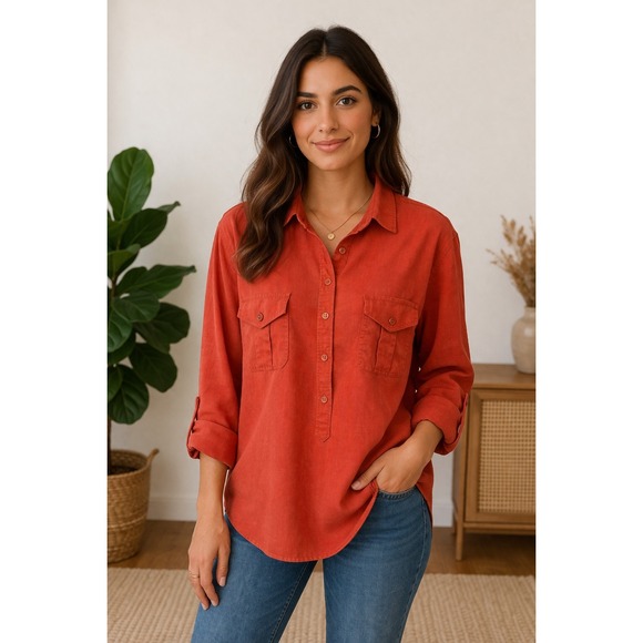 Tops - Talbots Womens L Shirt Linen Cotton Blend Coral Button Up Roll Tab Long Sleeve